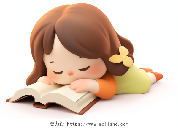 人物一个女孩躺在书上快乐地睡觉3D立体AI插画